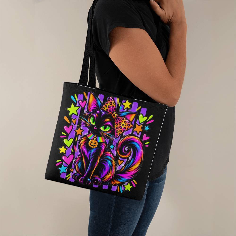 Neon Black Cat Halloween Tote Bag – Retro Rainbow Cat with Pumpkin Charm