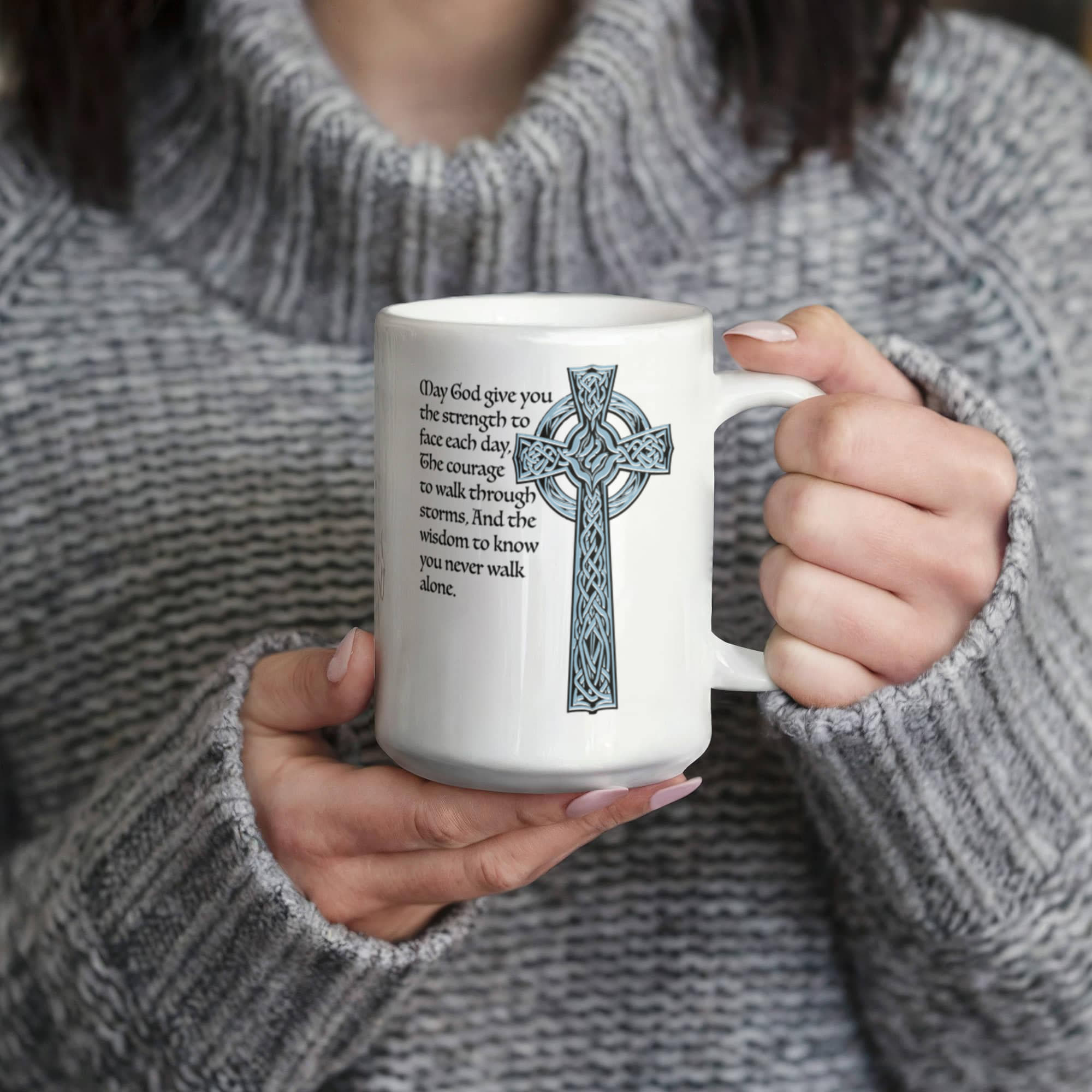 "May God give you the strength to face each day, . . ." - Celtic Knot Monogram Mug