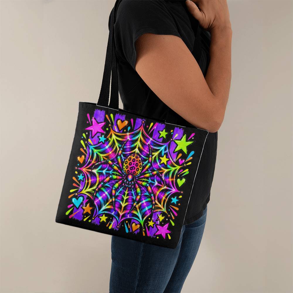 Neon Spiderweb Halloween Tote Bag – Retro Rainbow Web with Stars and Hearts