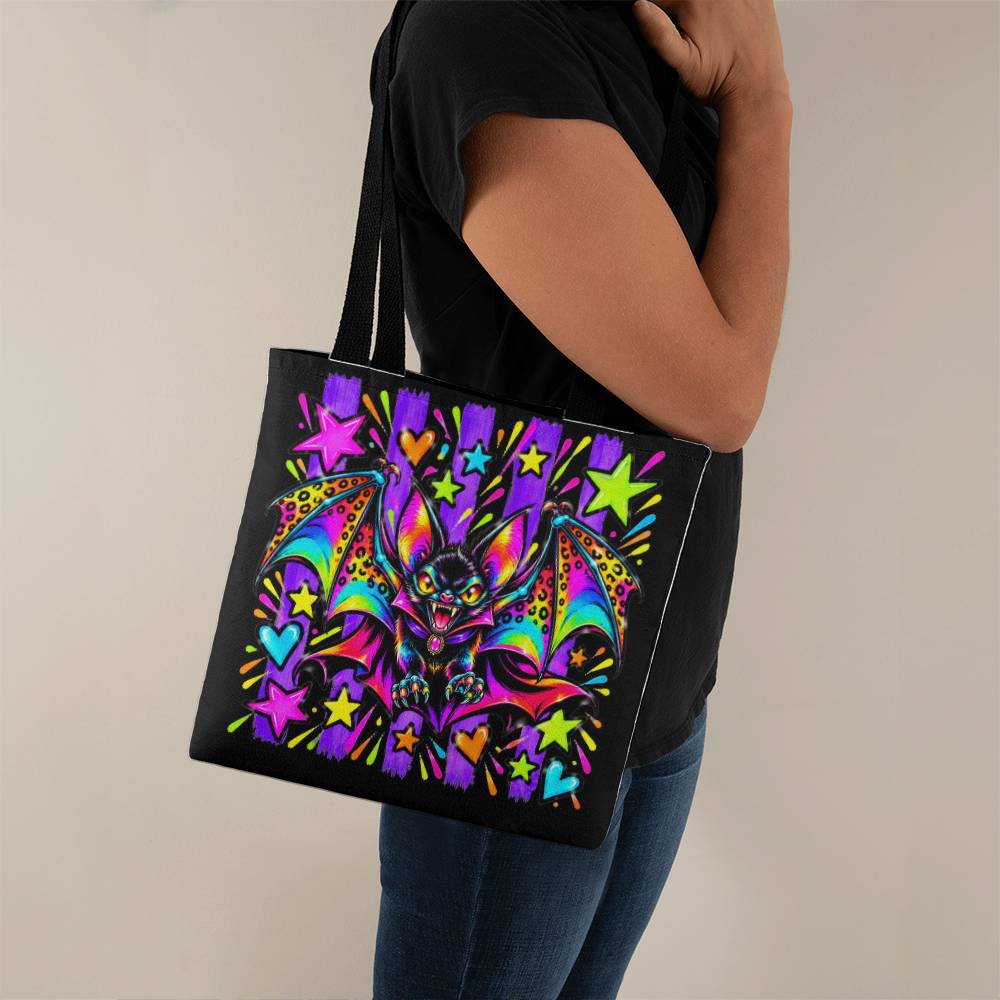 Neon Vampire Bat Halloween Tote Bag – Rainbow Winged Bat with Stars