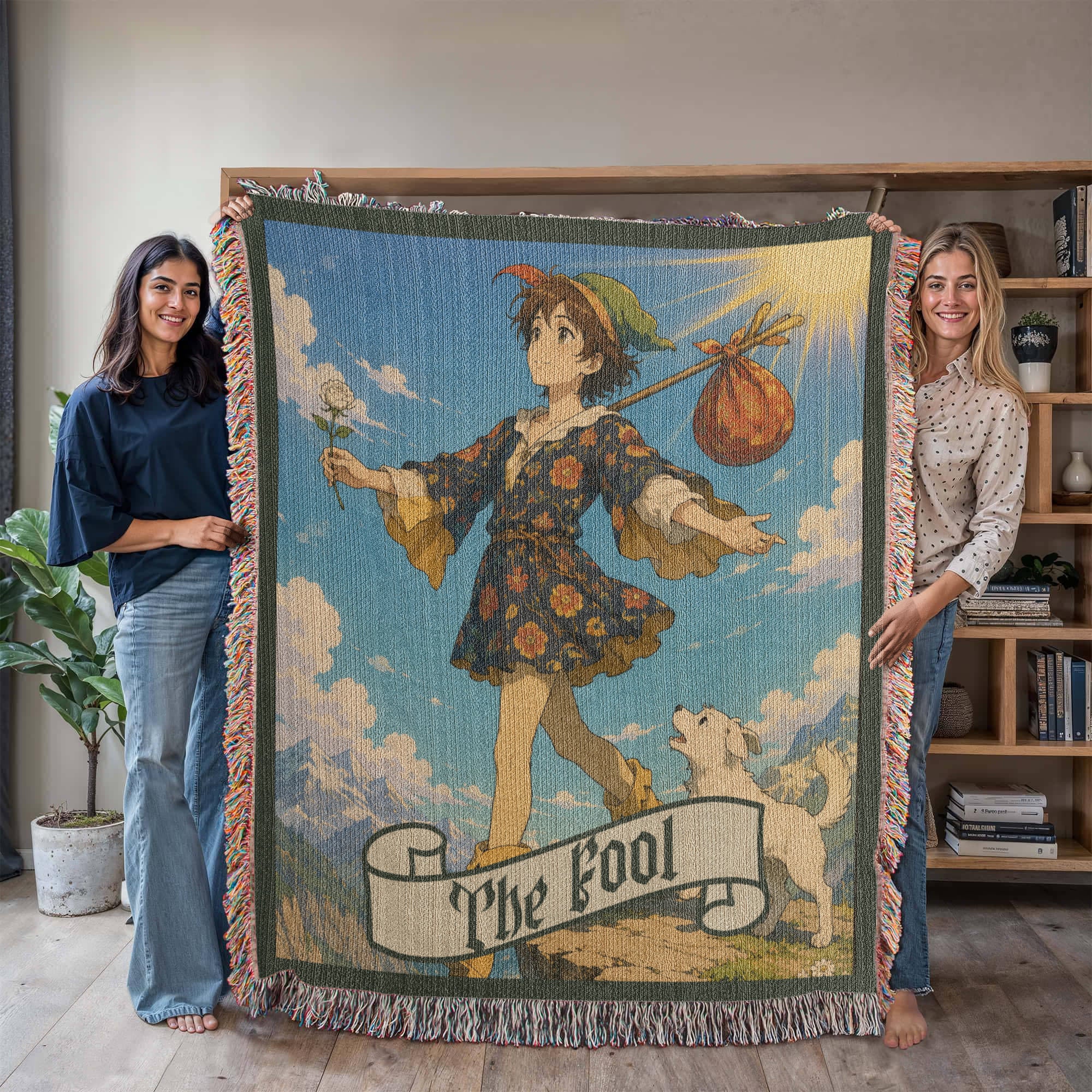 The Fool Tarot Card Woven Blanket – Boho Cotton Throw | Mystical Tarot Tapestry | Cottagecore & Fantasy Home Decor Gift
