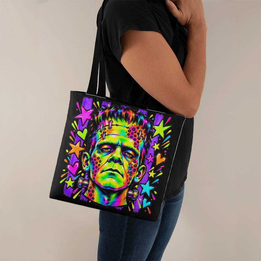 Neon Frankenstein Monster Halloween Tote Bag – Retro Rainbow Portrait