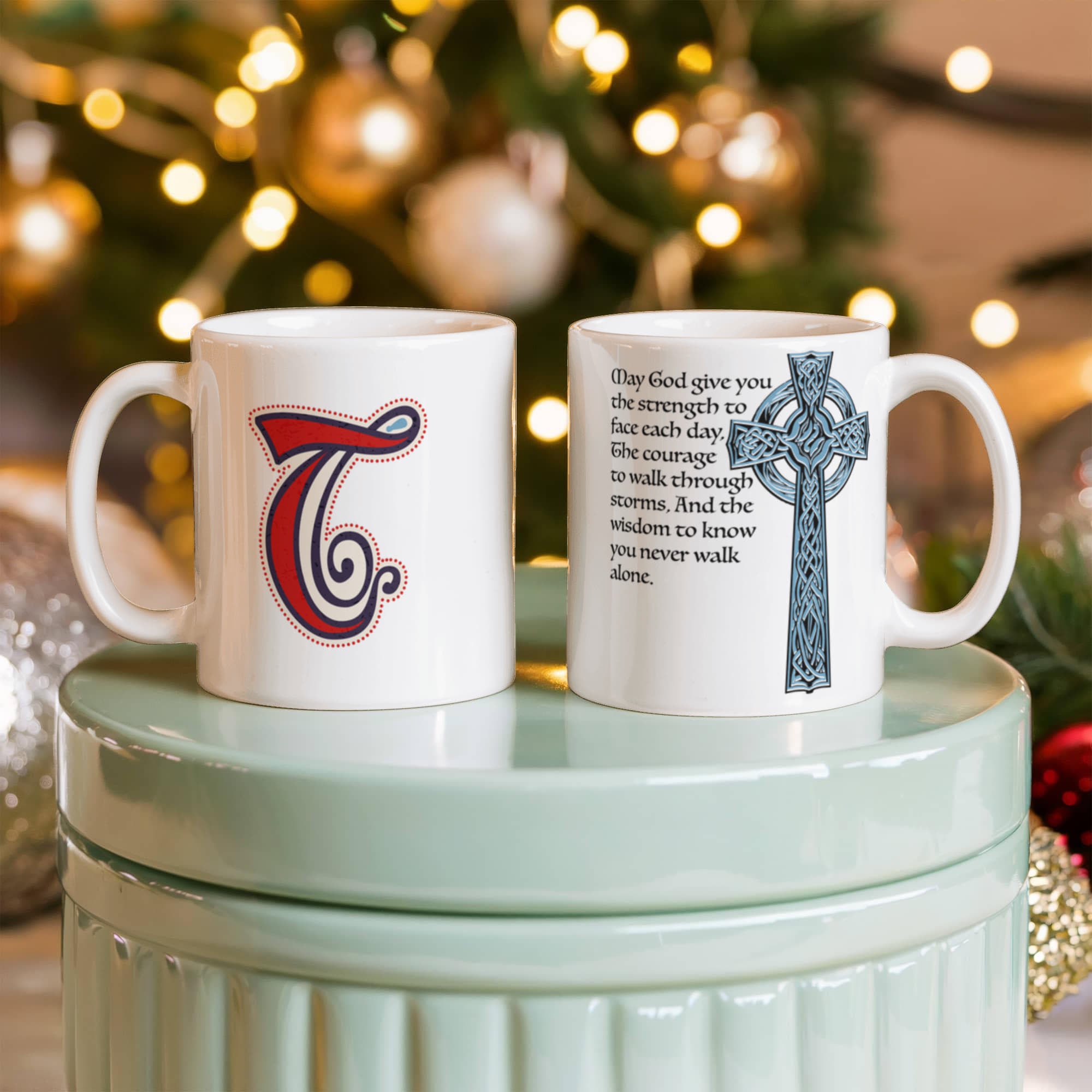 "May God give you the strength to face each day, . . ." - Celtic Knot Monogram Mug