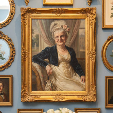 Woman in a vintage-style dress with a blue jacket sitting on a couch.