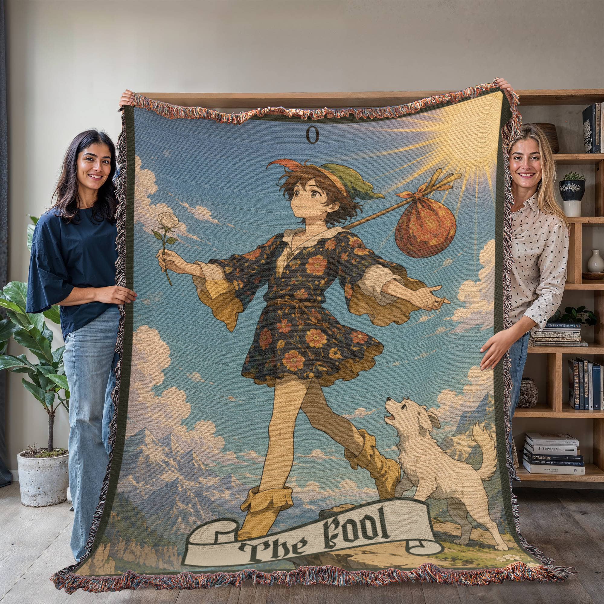 The Fool Tarot Card Woven Blanket – Boho Cotton Throw | Mystical Tarot Tapestry | Cottagecore & Fantasy Home Decor Gift