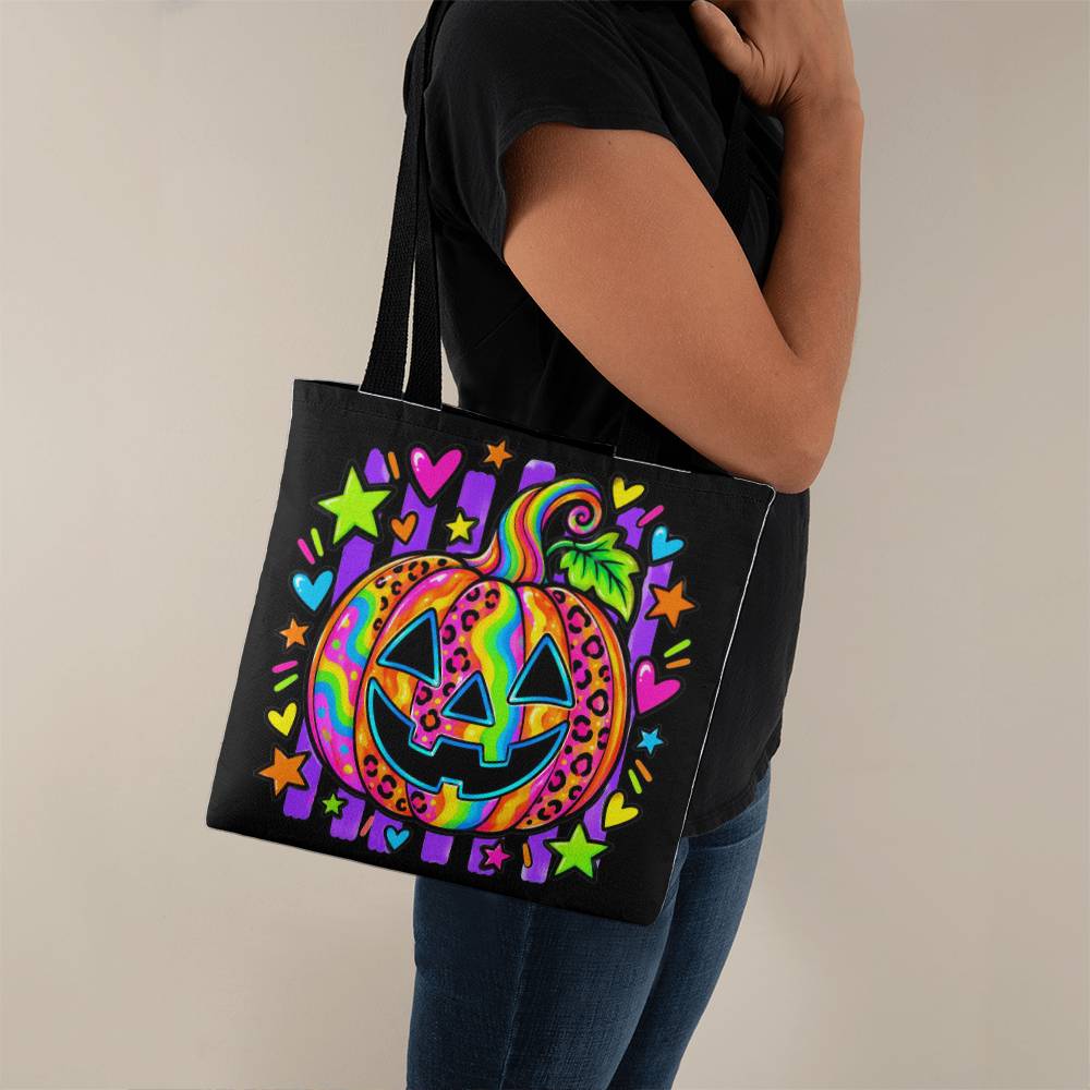 Neon Jack-o'-Lantern Halloween Tote Bag – Retro Leopard Print Pumpkin