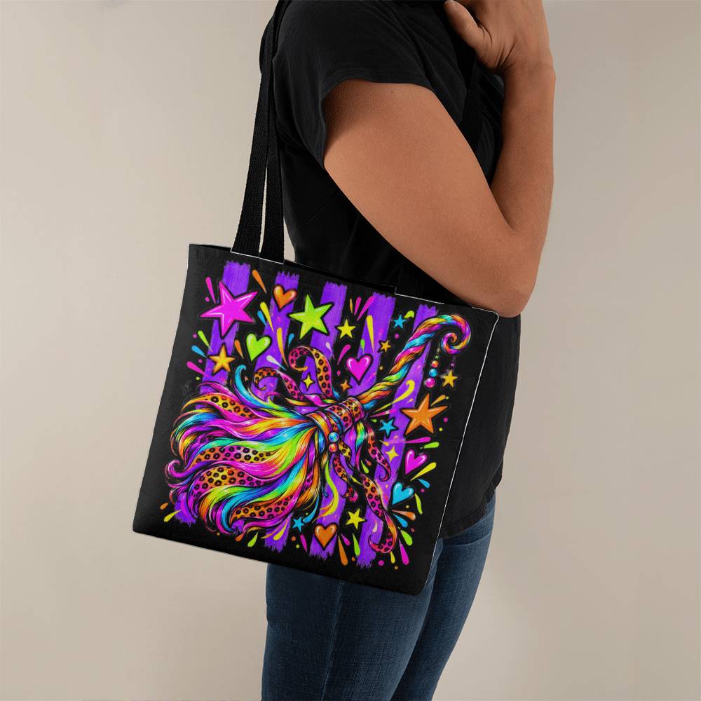 Neon Witch Broom Halloween Tote Bag – Rainbow Leopard Print Broomstick