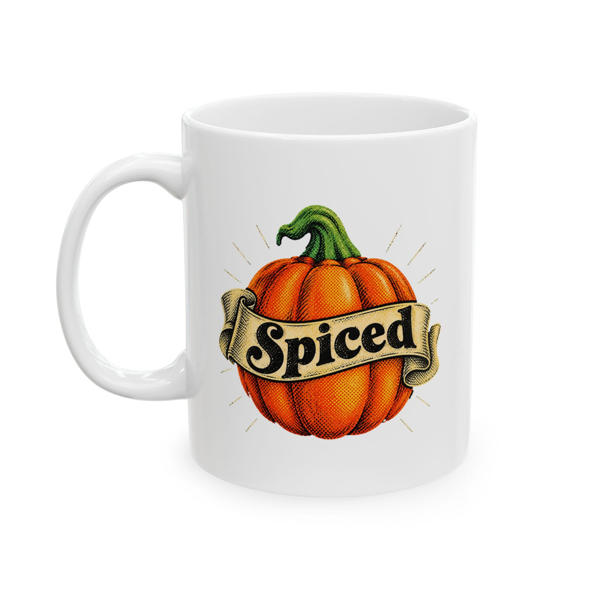 A white ceramic mug featuring a graphic illustration of a spiced orange pumpkin with a green stem and a vintage-style banner reading 'Spiced' across it, set against a plain white background.