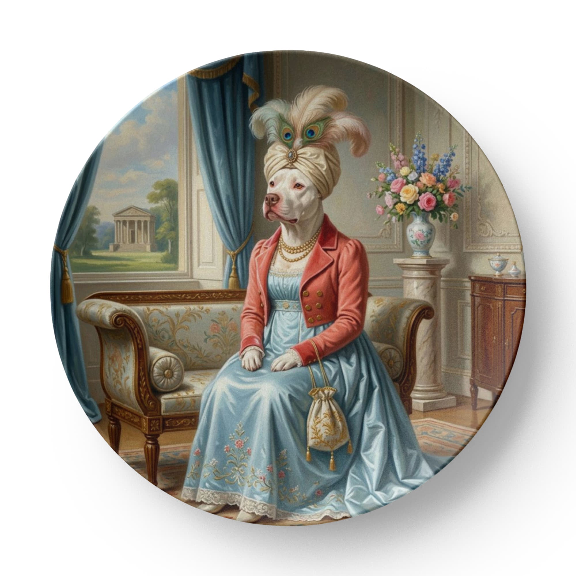 Decorative plate with a stylized painting of a dog in formal attire, sitting in an elegant room.