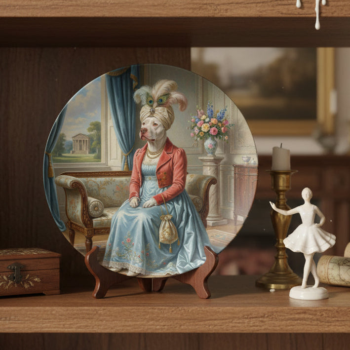 Decorative plate with a stylized painting of a dog in formal attire, sitting in an elegant room.