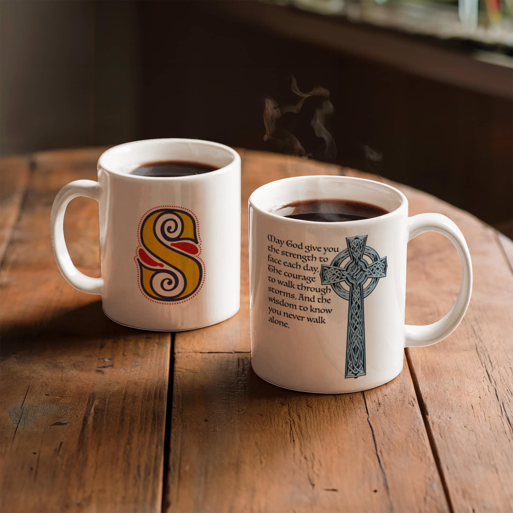 "May God give you the strength to face each day, . . ." - Celtic Knot Monogram Mug