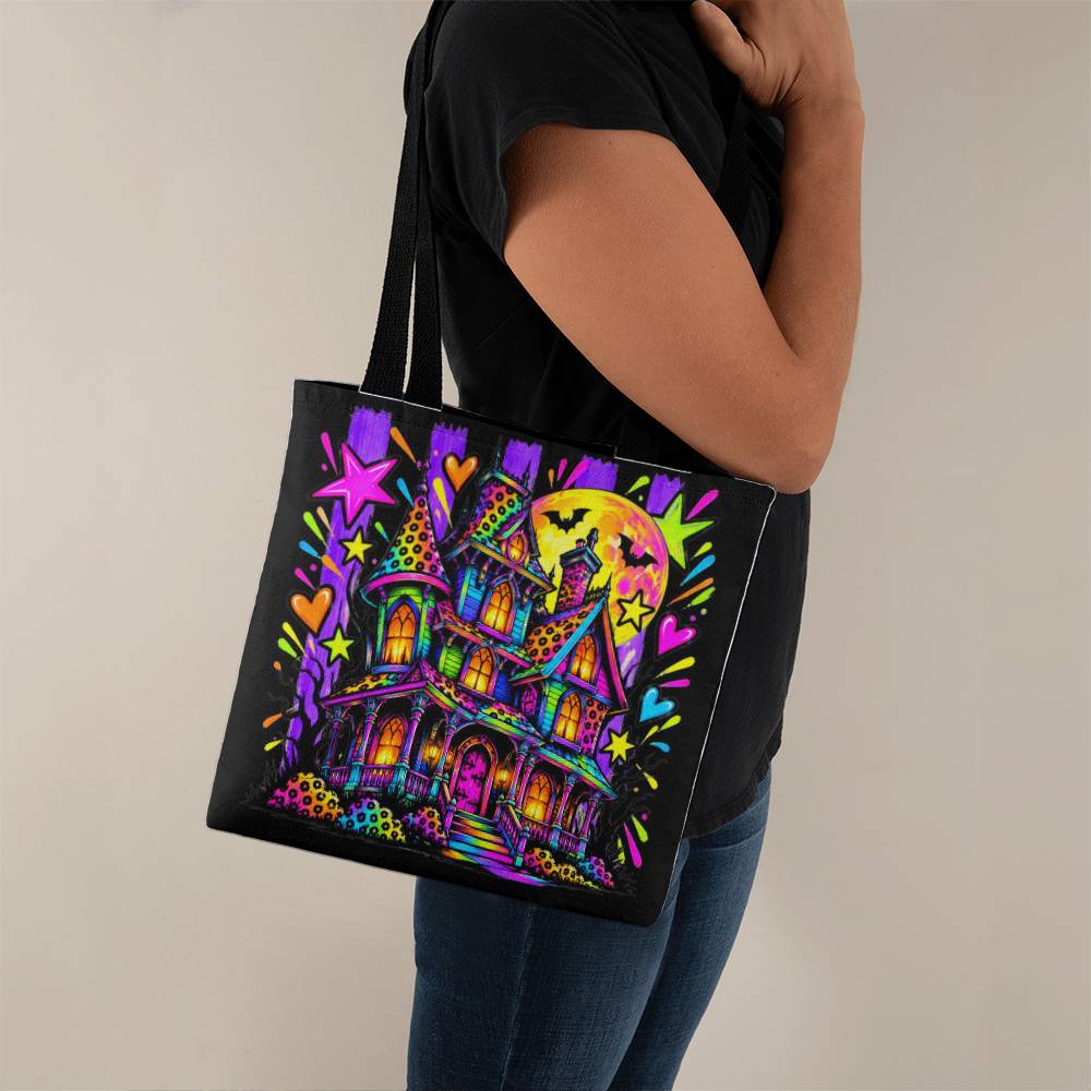 Neon Haunted House Halloween Tote Bag – Retro Rainbow Spooky Mansion