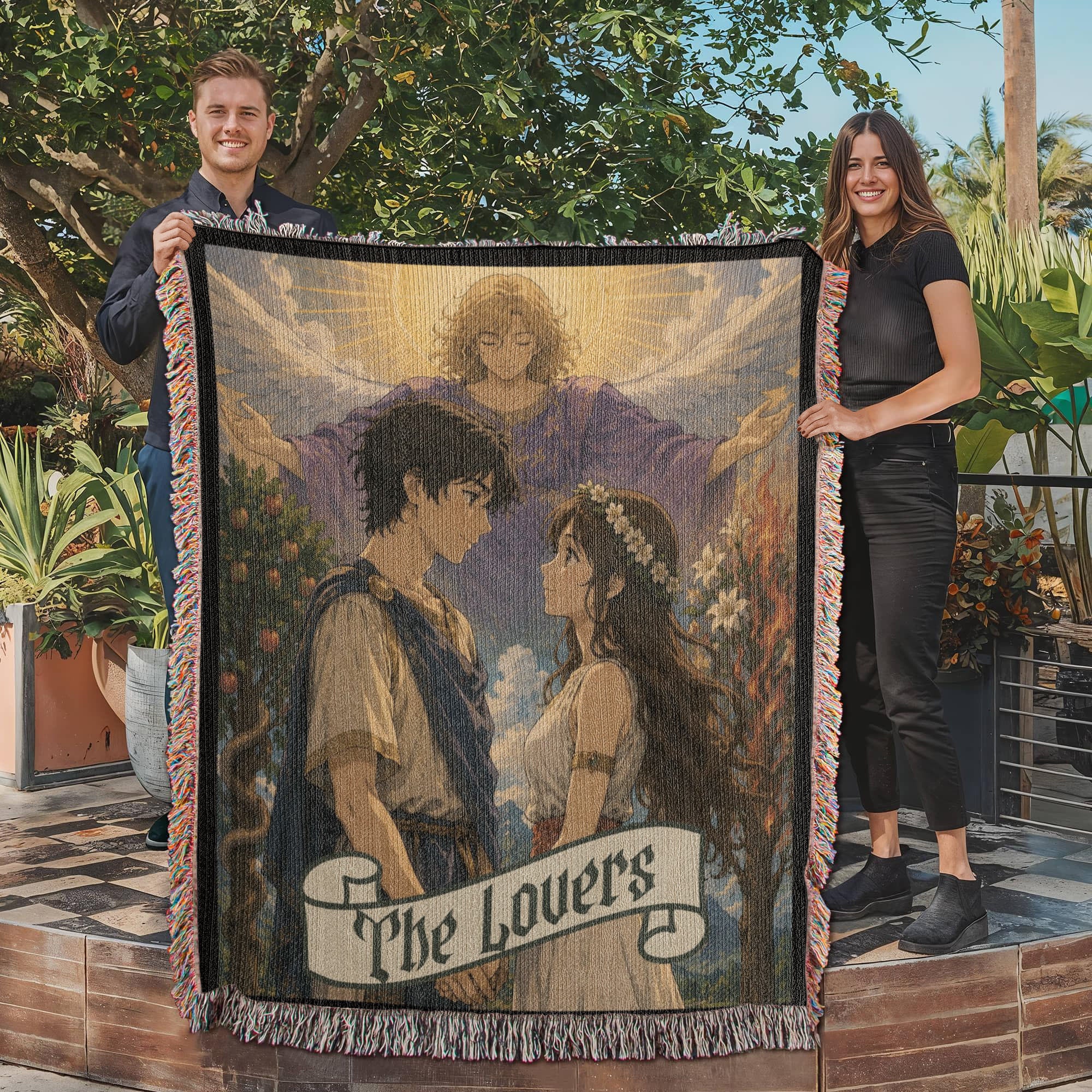 The Lovers Tarot Card Woven Blanket – Boho Cotton Throw | Mystical Tarot Tapestry | Cottagecore & Fantasy Home Decor Gift