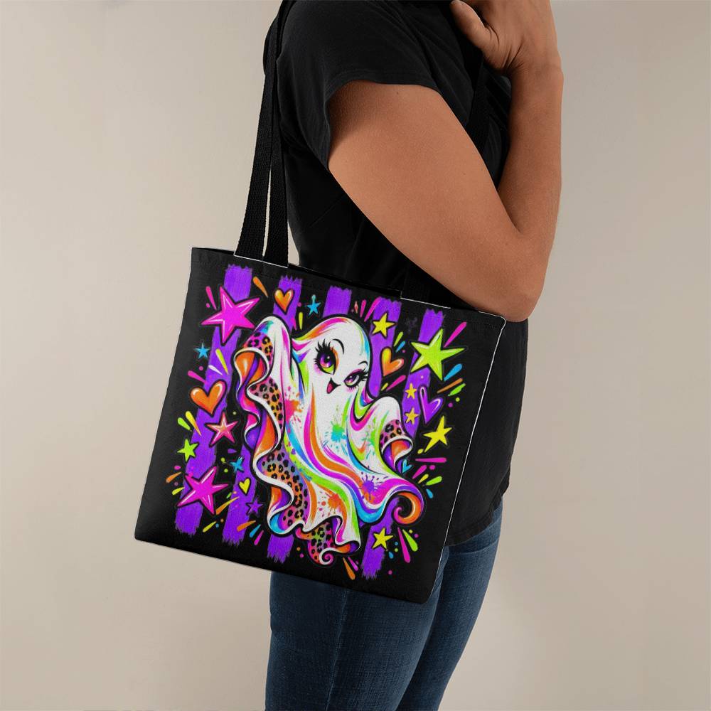 Neon Ghost Halloween Tote Bag – Cute Rainbow Ghost with Stars and Hearts