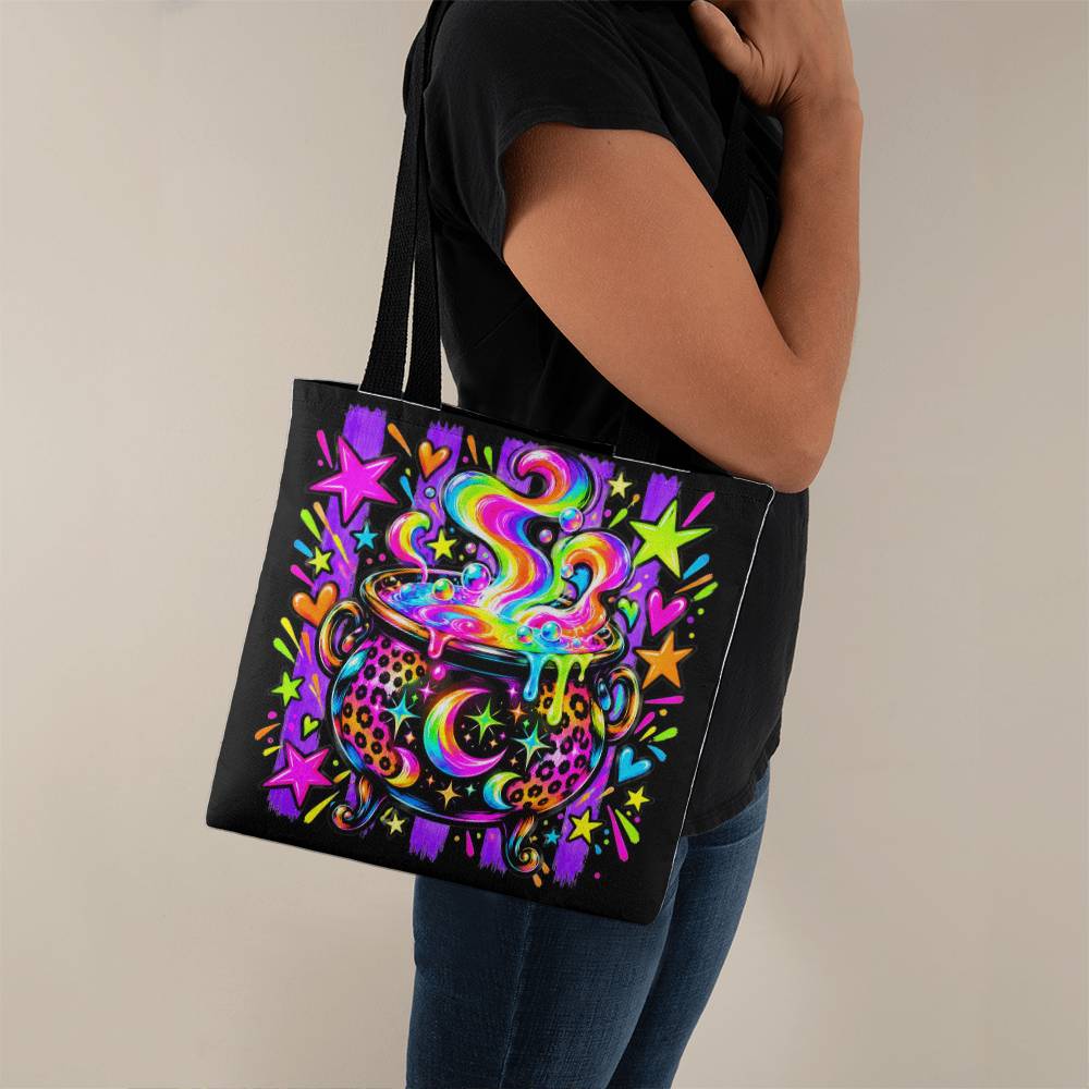 Neon Witch's Cauldron Halloween Tote Bag – Bubbling Rainbow Brew