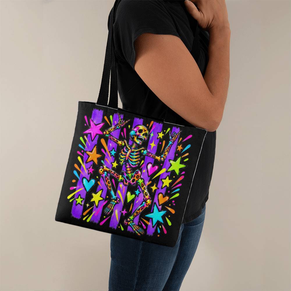 Neon Dancing Skeleton Halloween Tote Bag – Retro Rainbow Bones