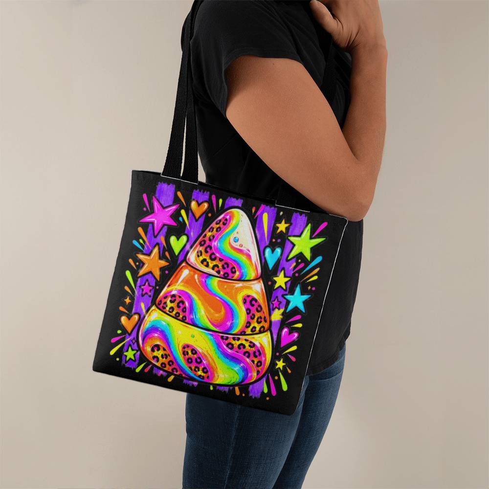 Neon Candy Corn Halloween Tote Bag – Retro Rainbow Swirl Candy