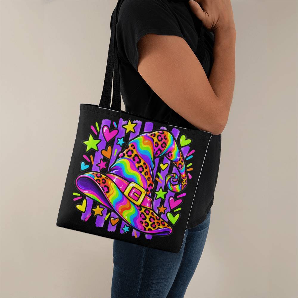 Neon Witch Hat Halloween Tote Bag – Retro Rainbow Leopard Print Hat