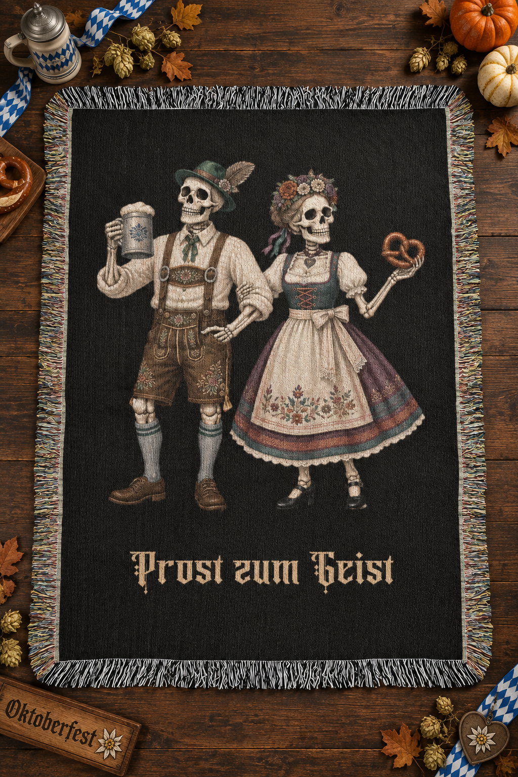 "Prost zum Geist" Skeleton Oktoberfest Woven Blanket – Beer Stein & Pretzel Bavarian Skeleton Throw