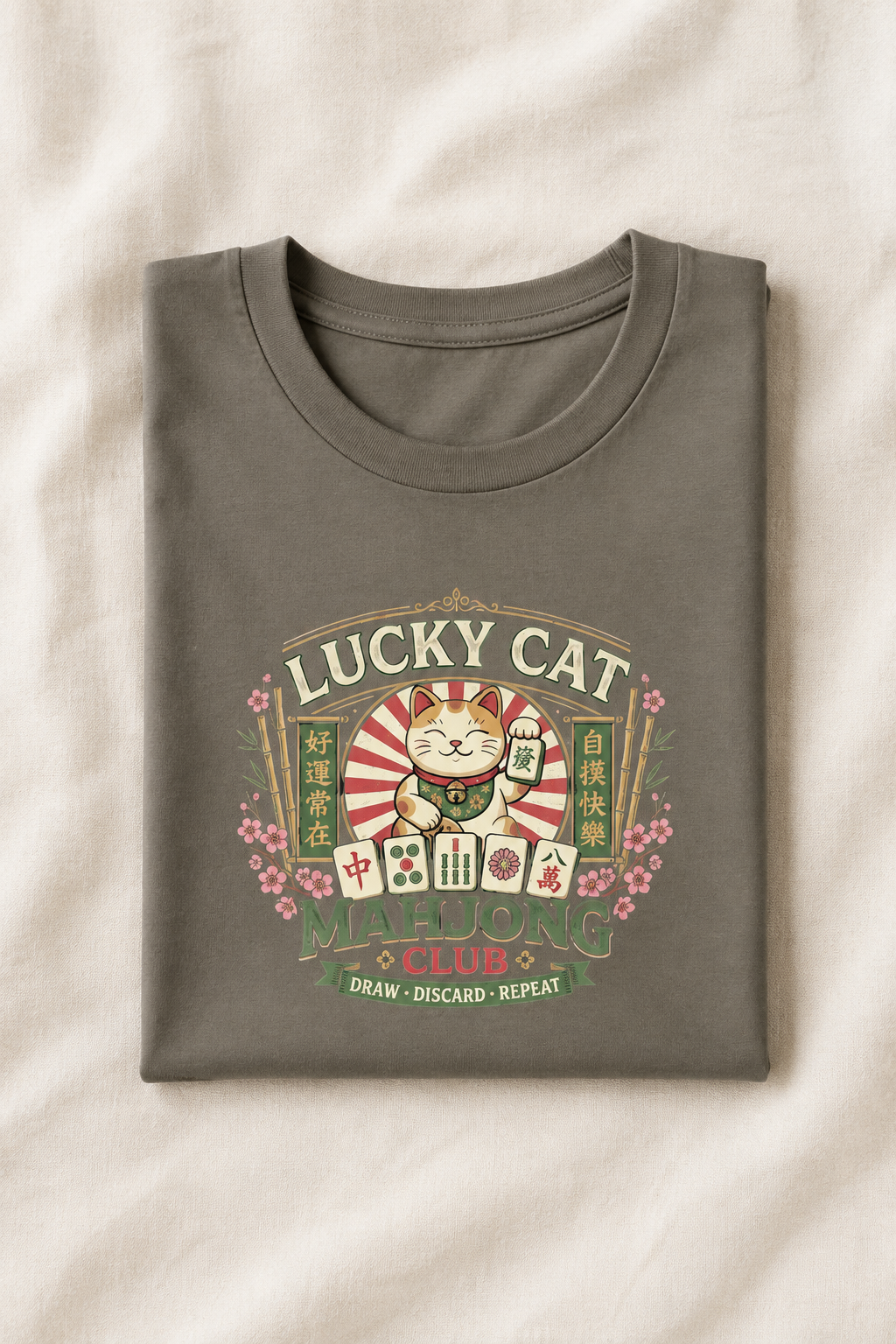 Lucky Cat Mahjong T-Shirt - Army