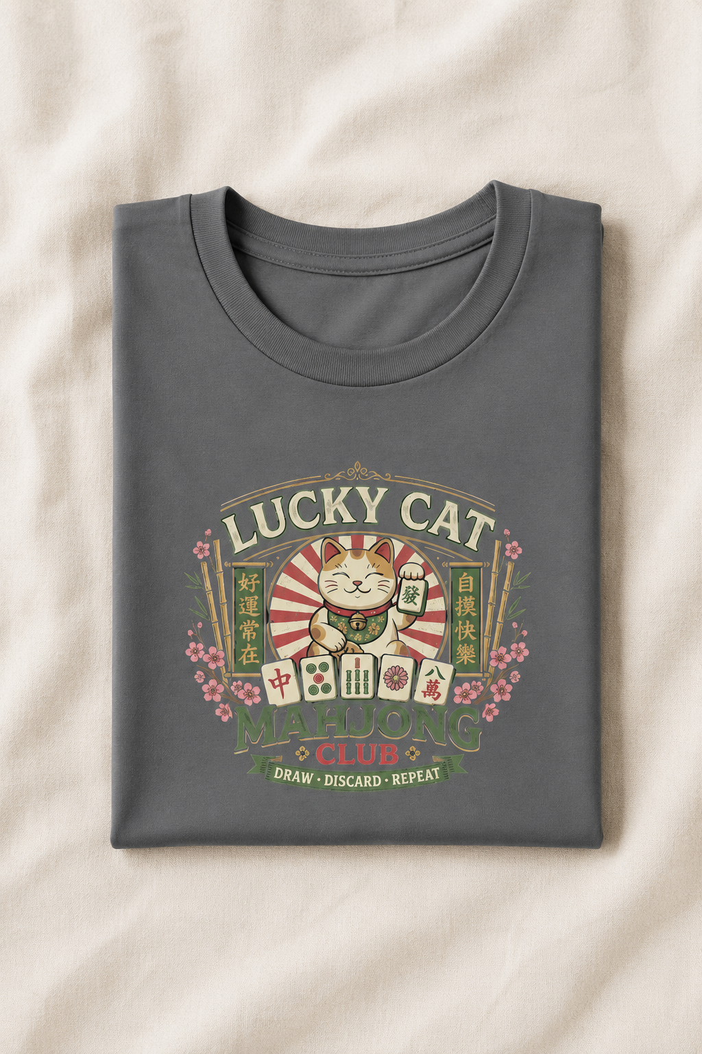 Lucky Cat Mahjong T-Shirt - Asphalt