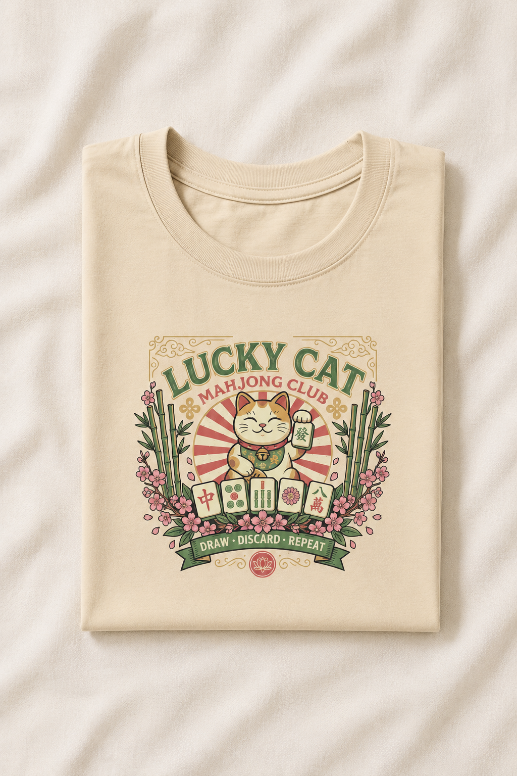 Lucky Cat Mahjong T-Shirt - Soft Cream