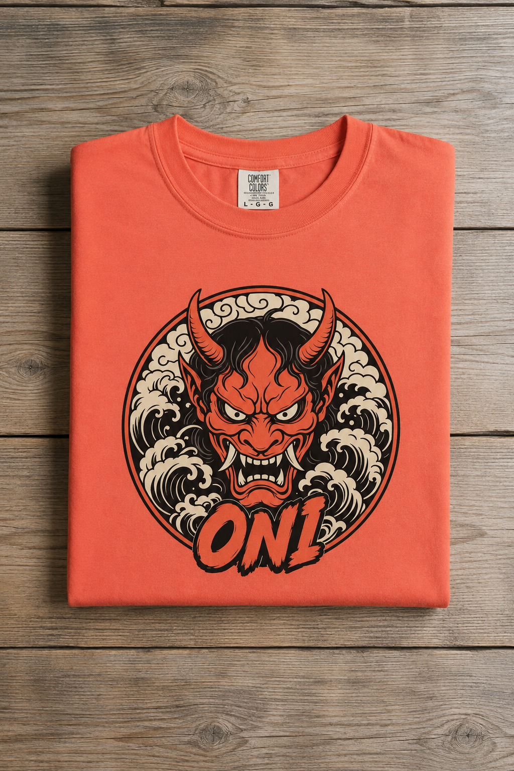 ONI Hannya Demon Tee - Bright Salmon - folded flatlay