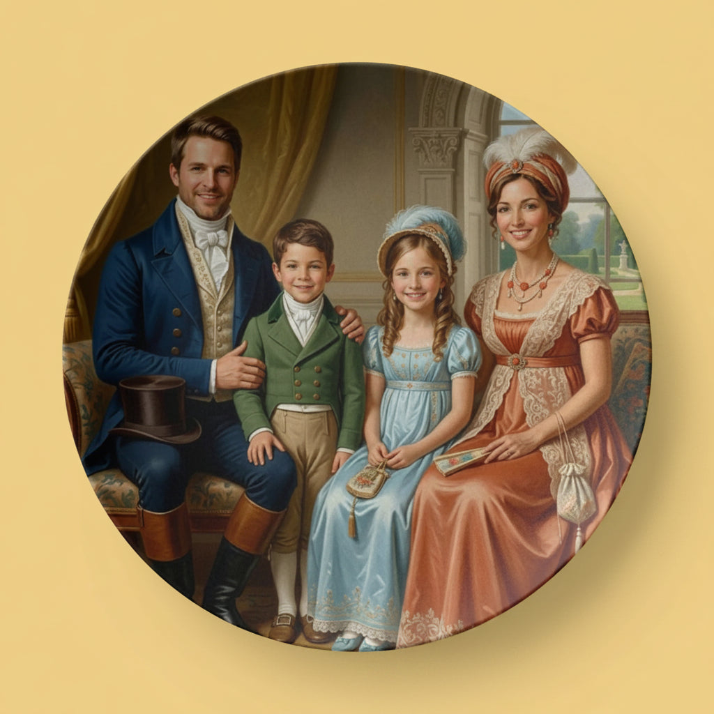 Round decorative plate with a classical painting of a family in formal attire.
