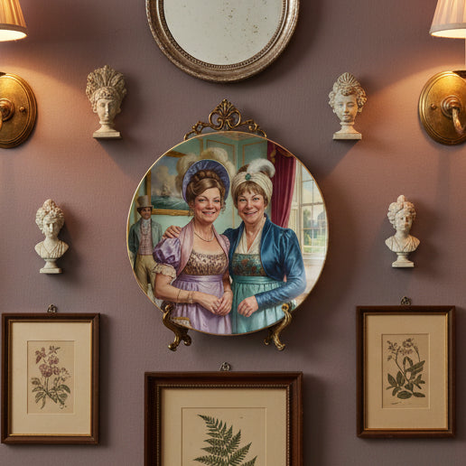 Two women in period costumes standing together with a man in the background, on a decorative plate.