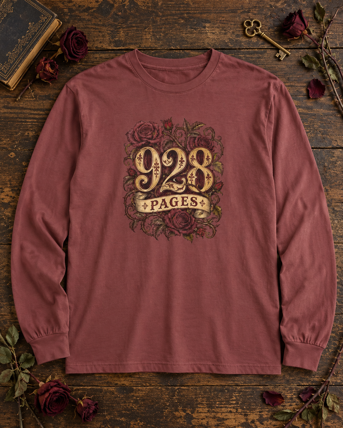 Brick red long sleeve shirt with ornate gold 928 PAGES lettering wrapped in red roses and thorny vines, on a wood table with an antique book and dried roses