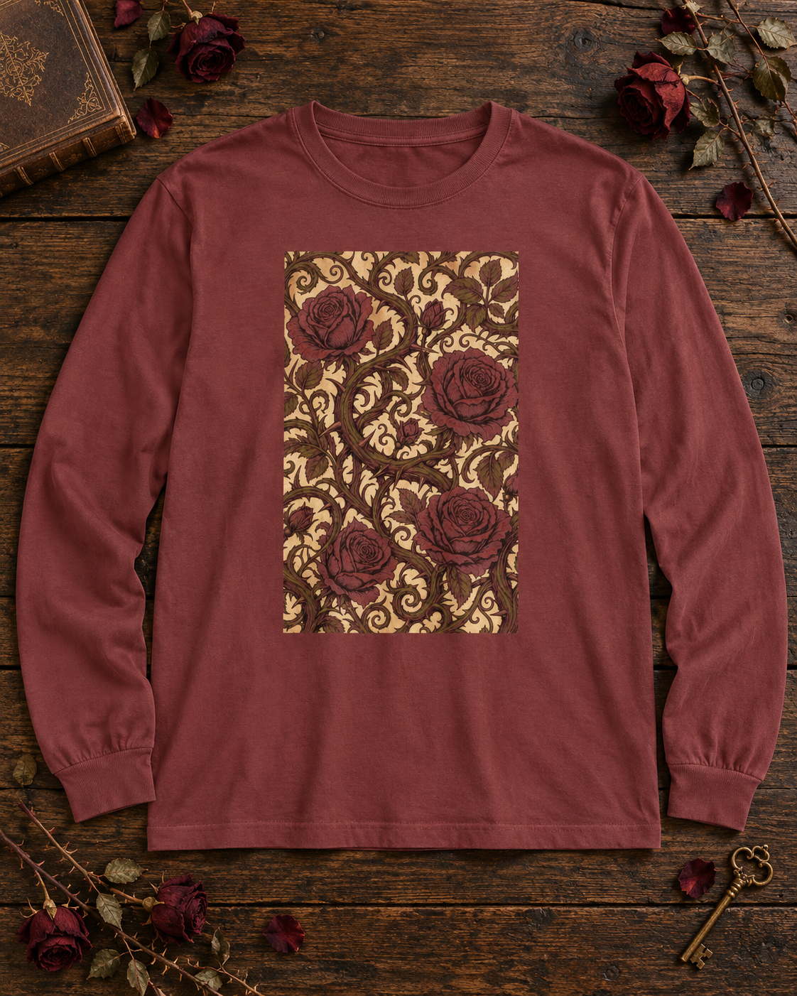 Brick red long sleeve shirt with a vintage engraved panel of red roses and thorny vines, on a wood table with an antique book, dried roses and a brass key