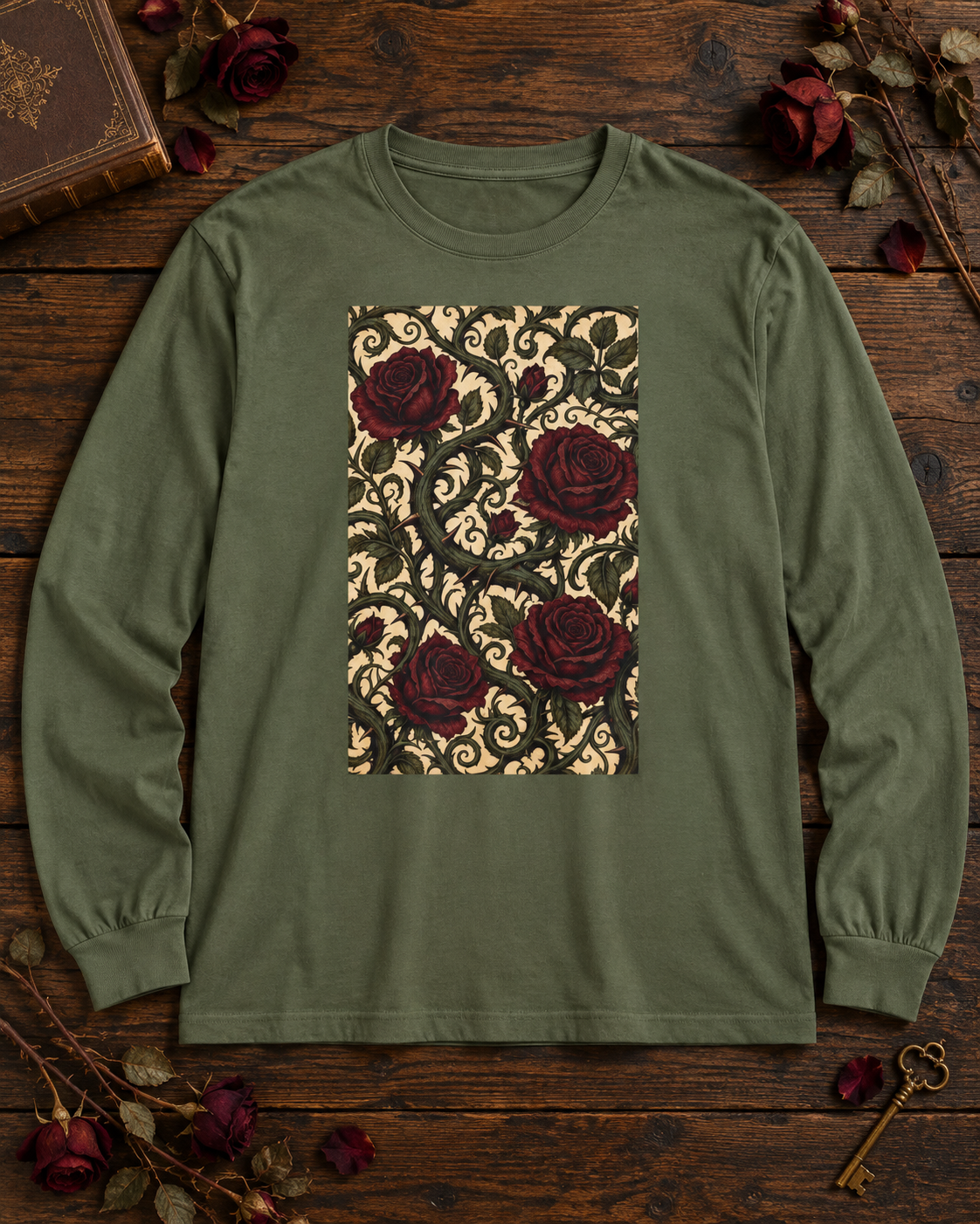 Hemp green long sleeve shirt with a vintage engraved panel of red roses and thorny vines, on a wood table with an antique book, dried roses and a brass key