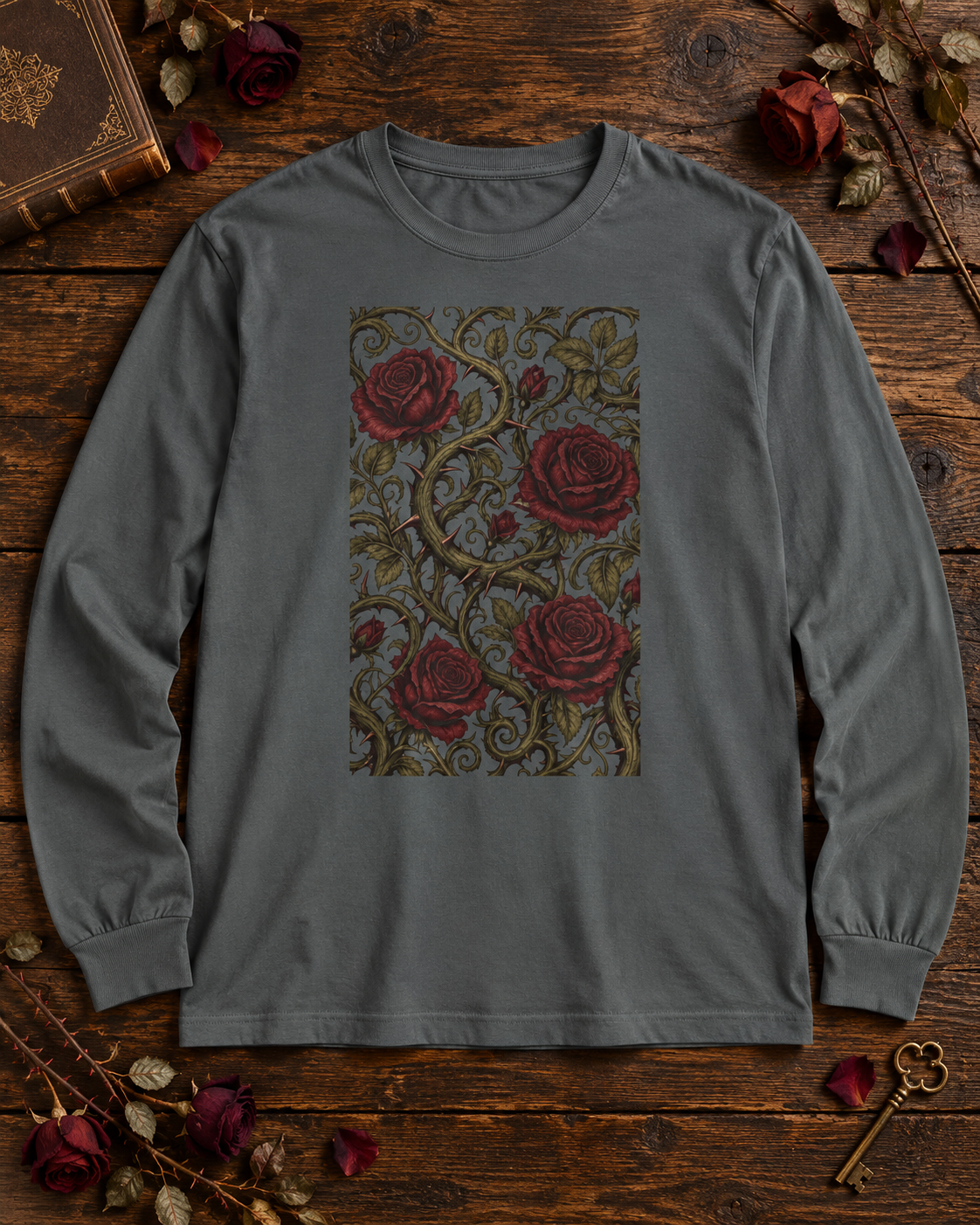 Pepper gray long sleeve shirt with a vintage engraved panel of red roses and thorny vines, on a wood table with an antique book, dried roses and a brass key