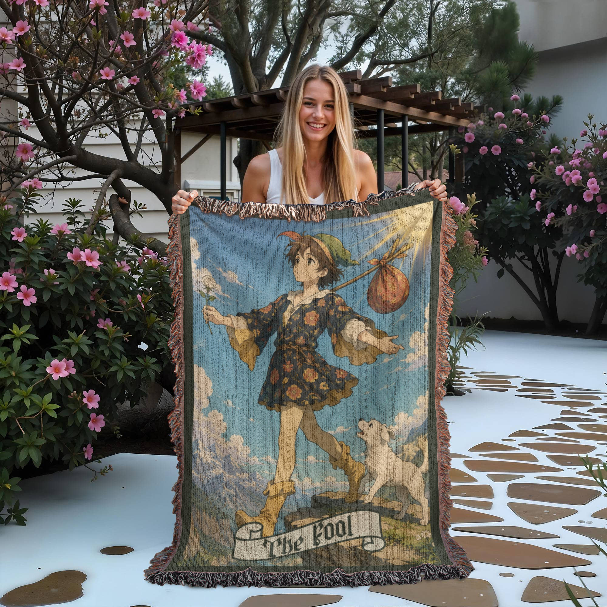 The Fool Tarot Card Woven Blanket – Boho Cotton Throw | Mystical Tarot Tapestry | Cottagecore & Fantasy Home Decor Gift