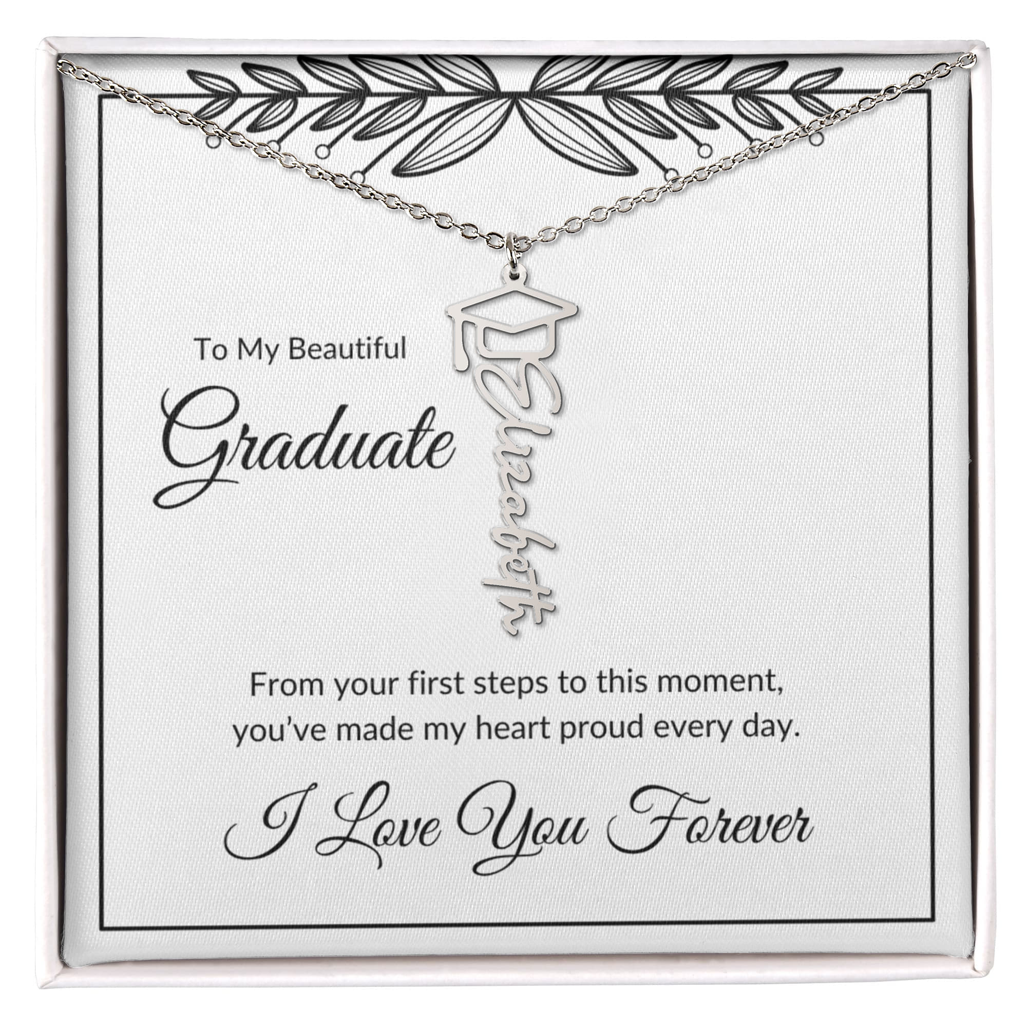 Graduation Gift Necklace – Personalized Name Jewelry – From Your First Steps Message Card