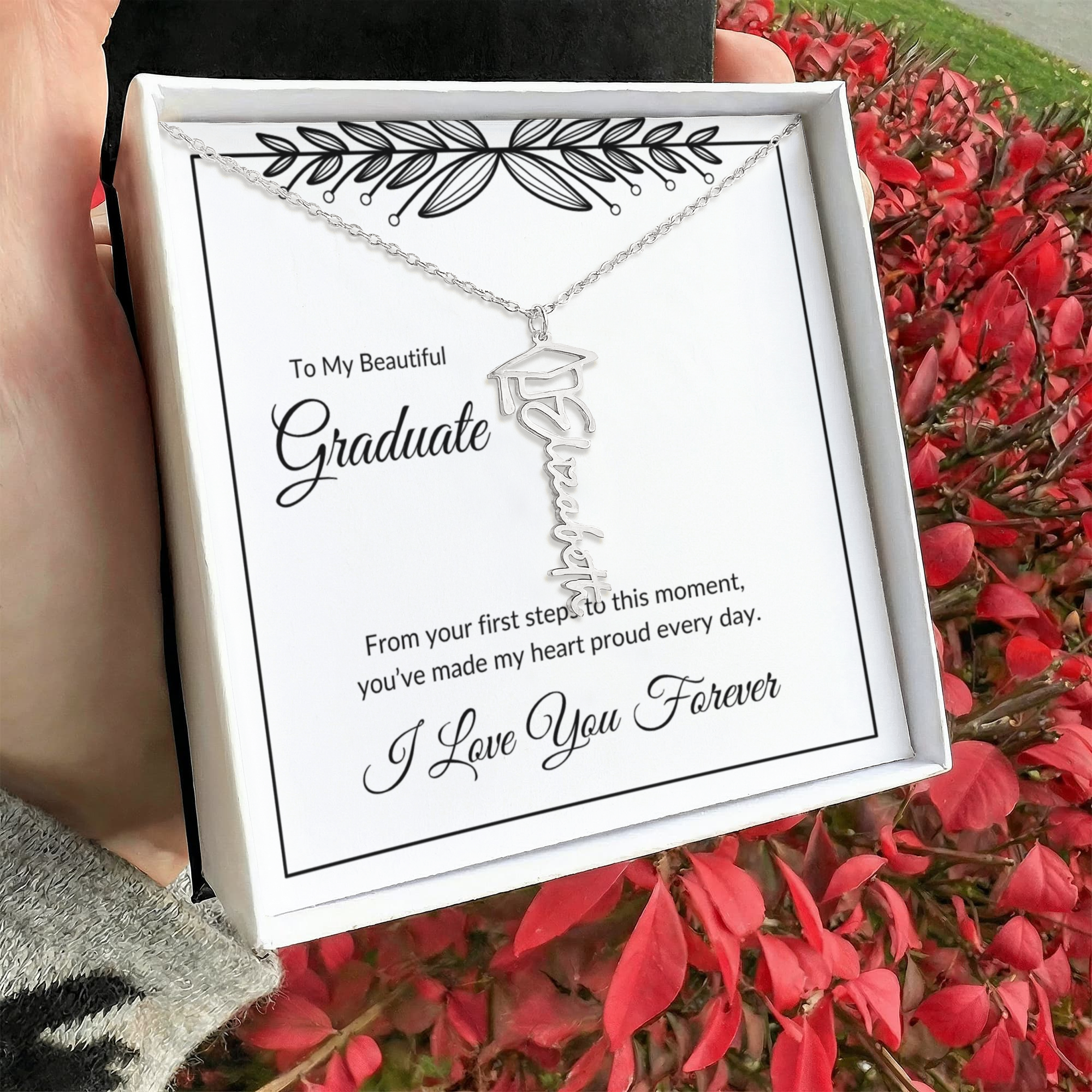 Graduation Gift Necklace – Personalized Name Jewelry – From Your First Steps Message Card