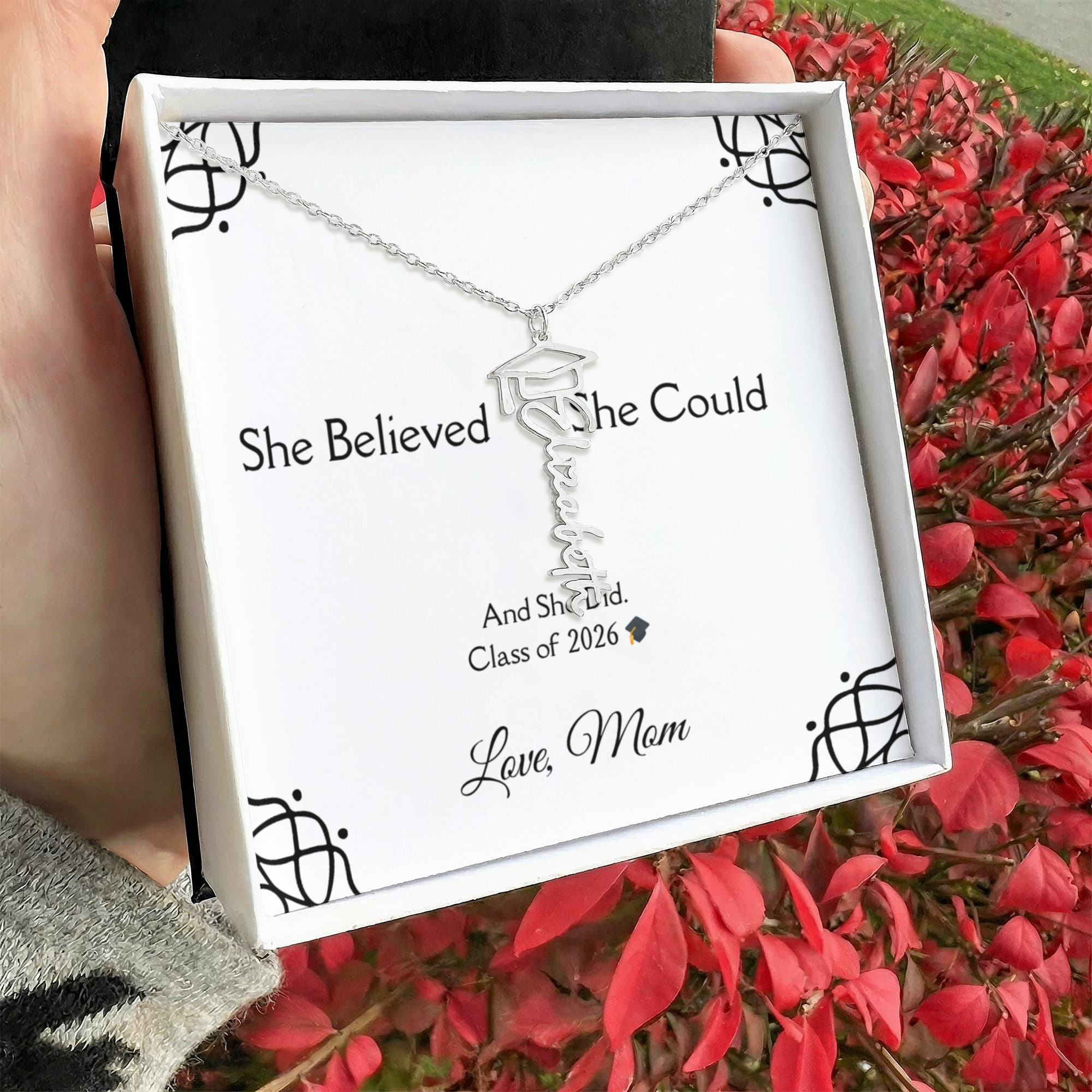 Graduation Gift from Mom – Personalized Daughter Necklace – “She Believed She Could” Keepsake