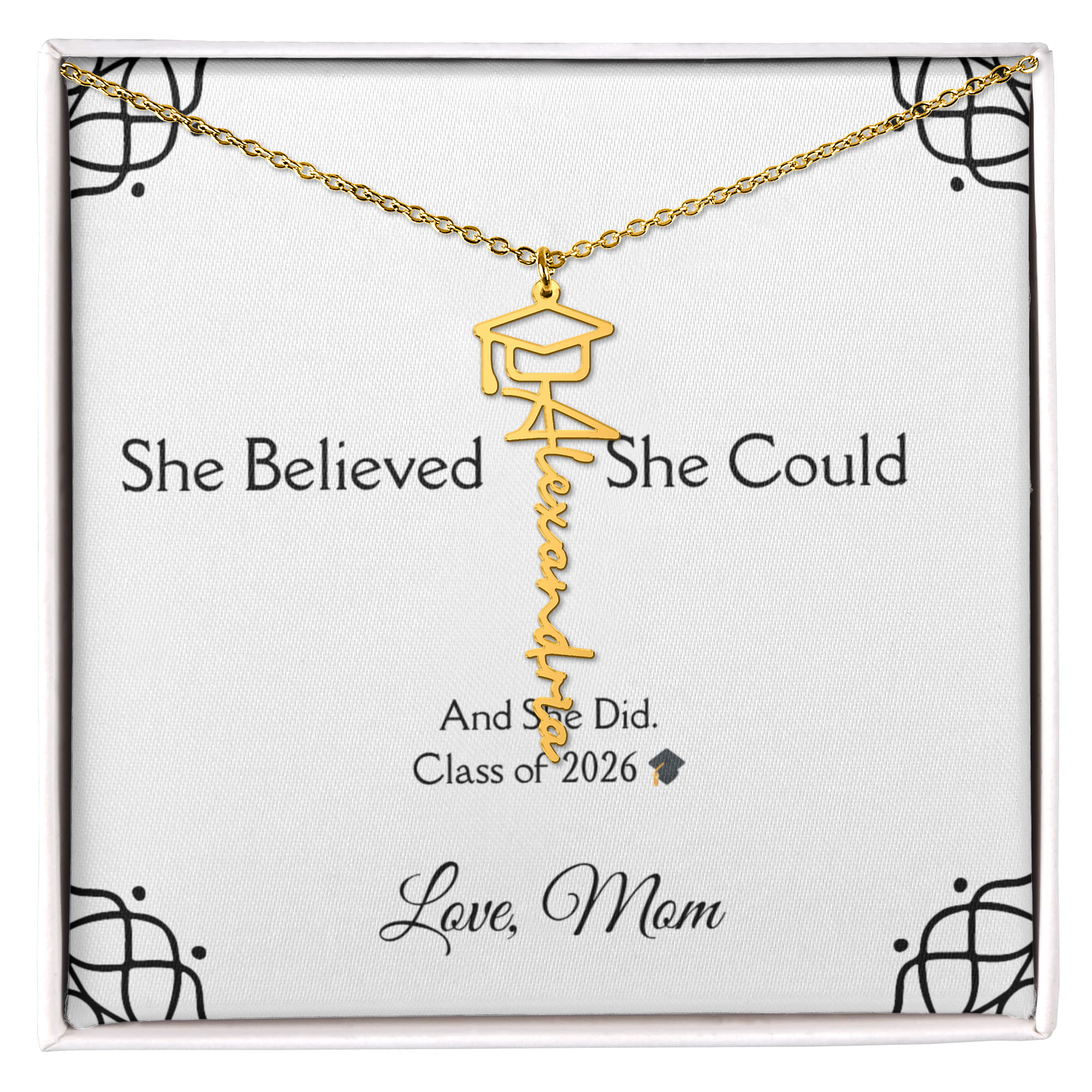 Graduation Gift from Mom – Personalized Daughter Necklace – “She Believed She Could” Keepsake