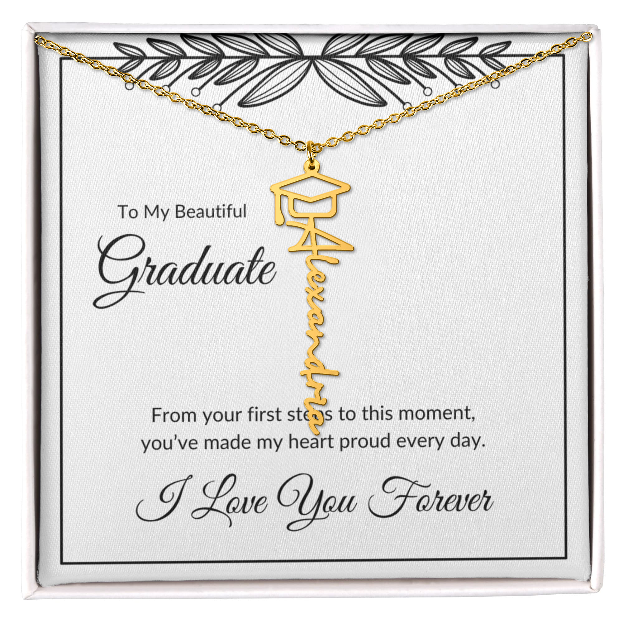 Graduation Gift Necklace – Personalized Name Jewelry – From Your First Steps Message Card