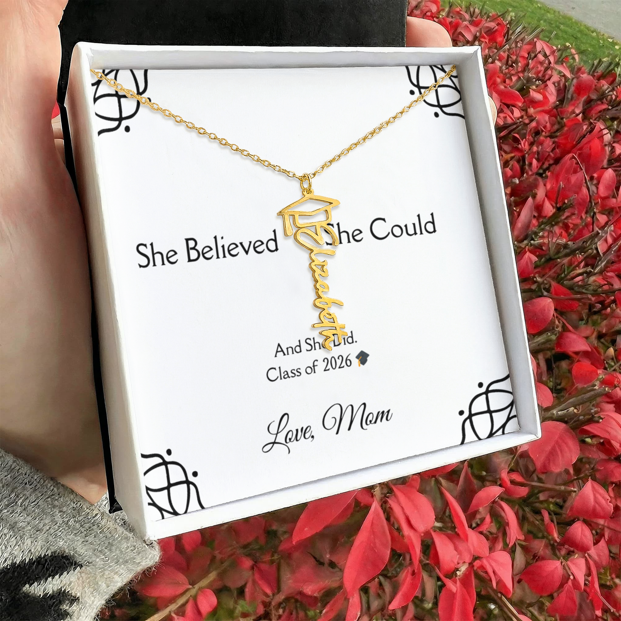 Graduation Gift from Mom – Personalized Daughter Necklace – “She Believed She Could” Keepsake