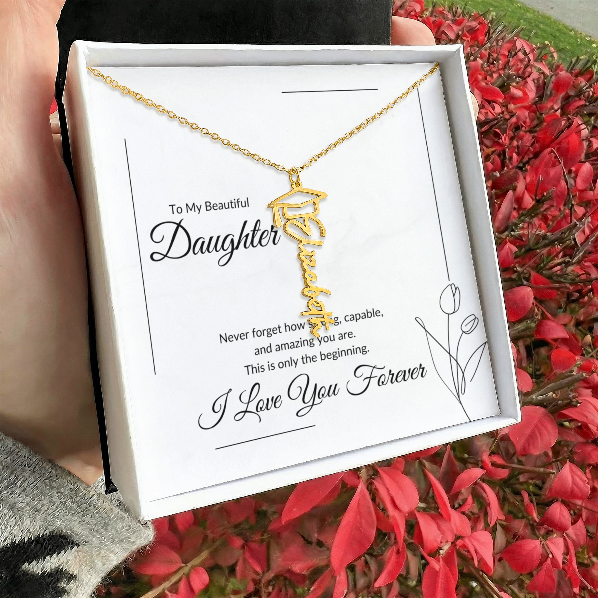 Daughter Graduation Gift Necklace – Personalized Name Jewelry – This Is Only The Beginning Message Card