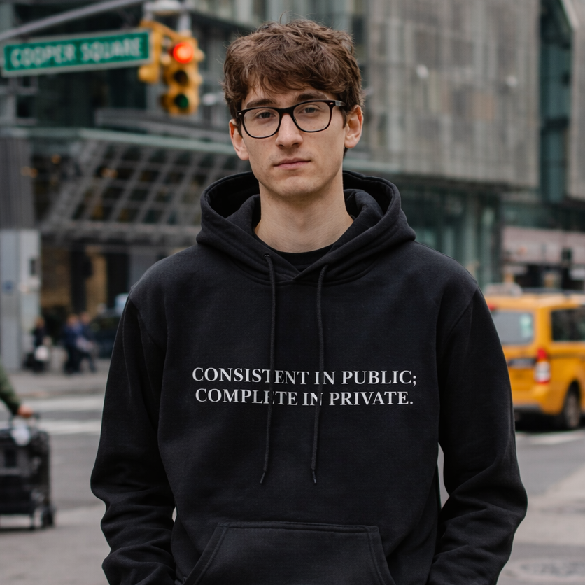Consistent in Public; Complete in Private Hoodie — Practical Outdoor Gear with a Hidden Edge