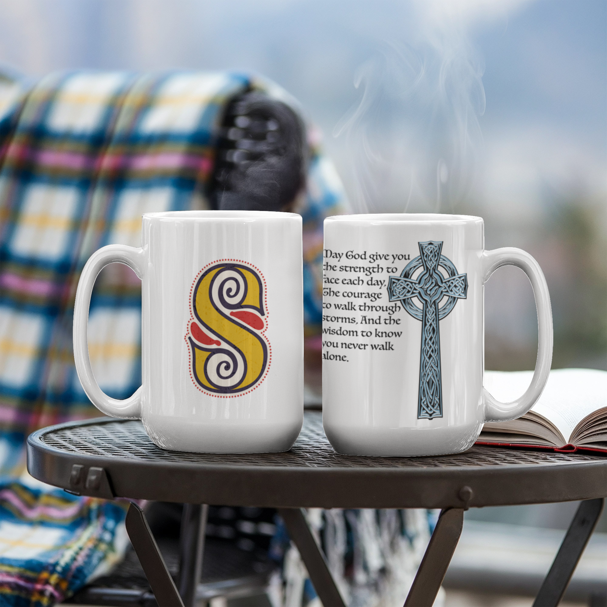 "May God give you the strength to face each day, . . ." - Celtic Knot Monogram Mug
