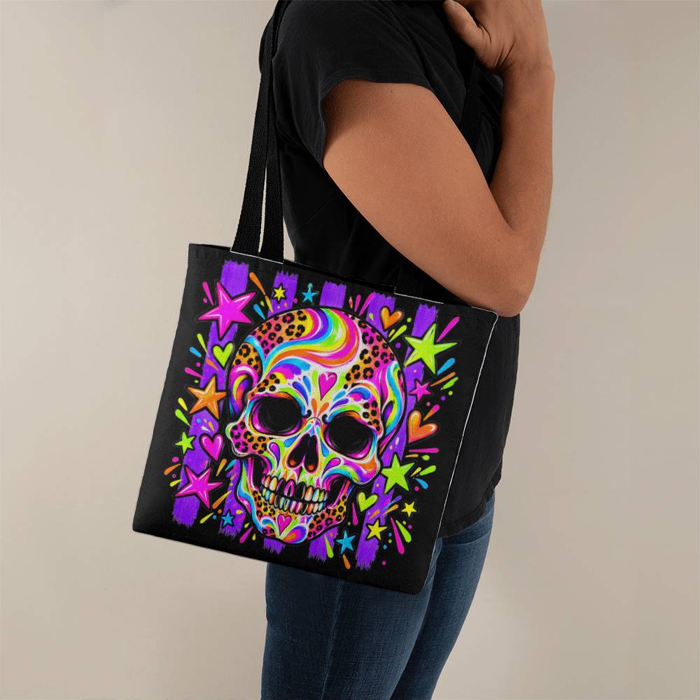 Neon Skull Halloween Tote Bag – Retro Rainbow Leopard Print Skull