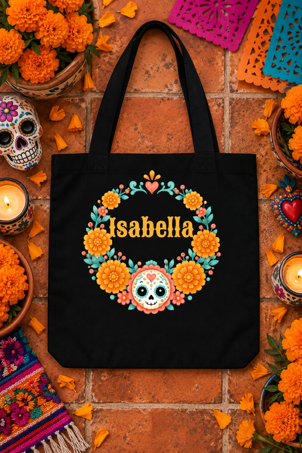 Personalized Sugar Skull Wreath Trick-or-Treat Tote Bag
