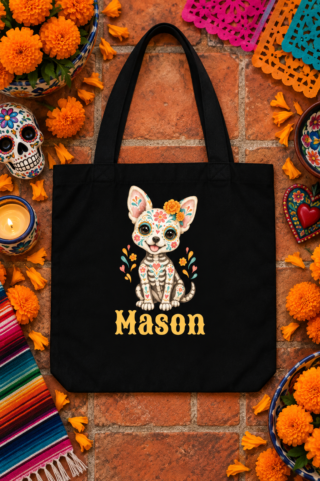 Personalized Día de los Muertos Dog Skeleton Tote Bag