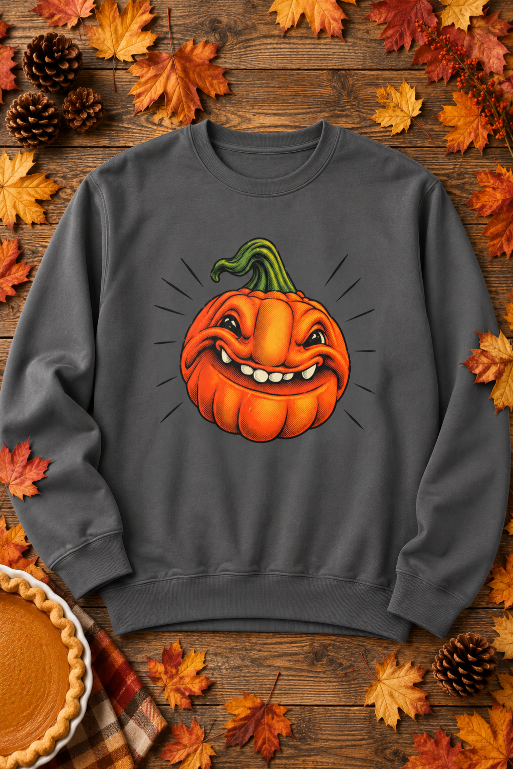 Goofy Jack-o'-Lantern Sweatshirt | Sly Grinning Pumpkin Face Halloween Crewneck