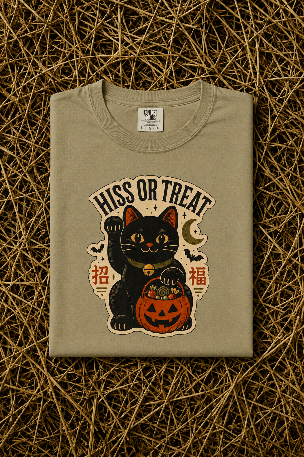Hiss or Treat 2026 Black Cat Maneki-Neko Halloween T-Shirt - Khaki - Pinterest