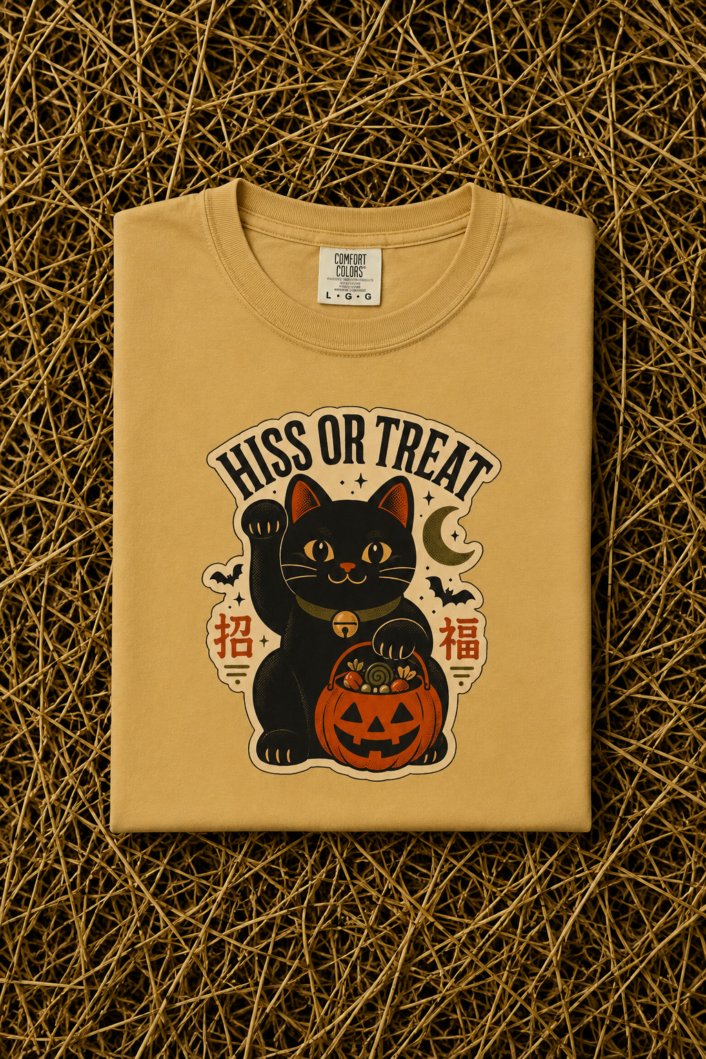 Hiss or Treat 2026 Black Cat Maneki-Neko Halloween T-Shirt - Mustard - Pinterest