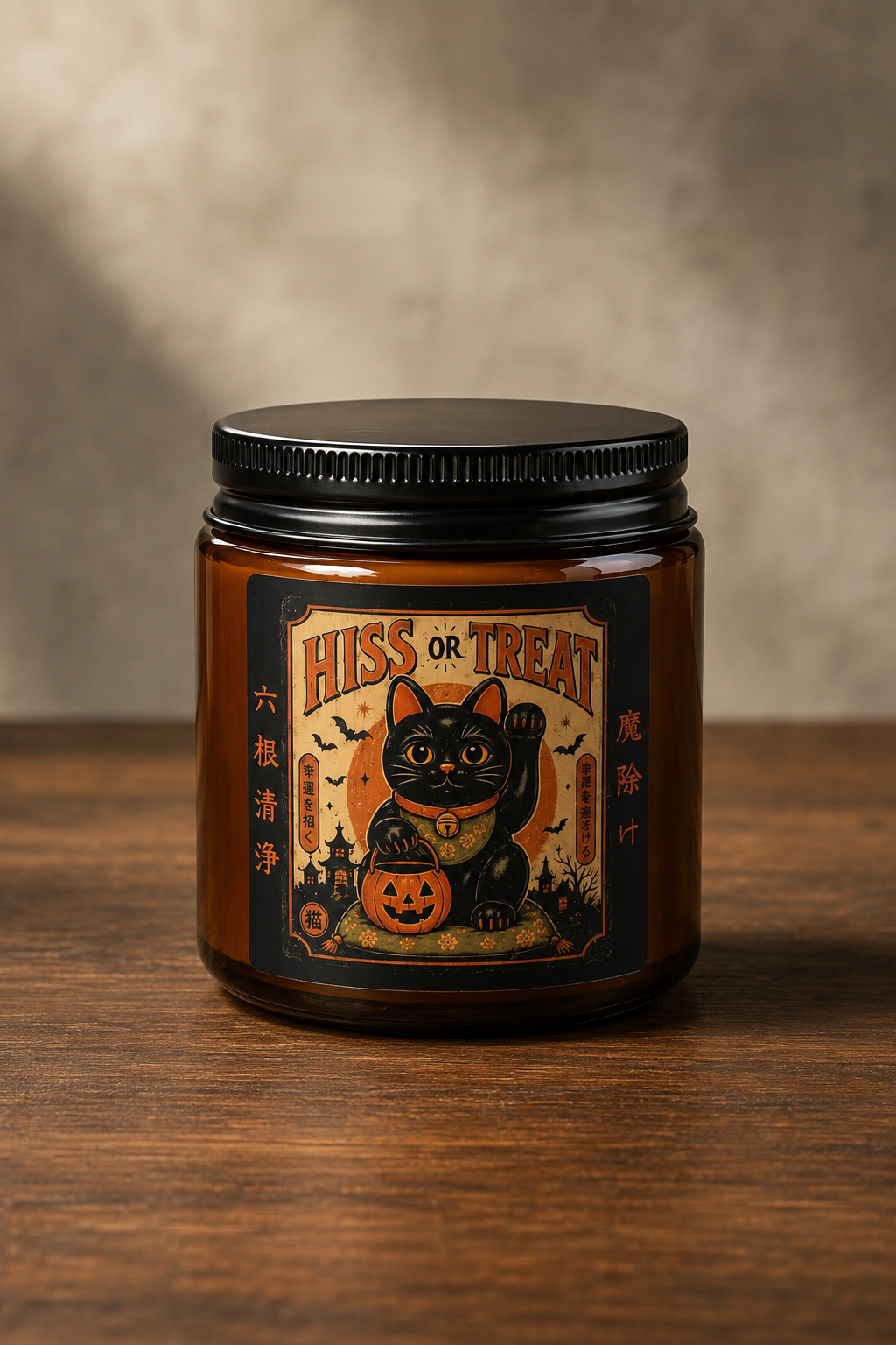Hiss or Treat Halloween Candle – Black Cat Maneki-Neko, Vintage Japanese Lucky Cat, Spooky Fall Decor